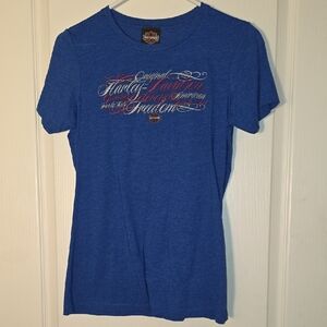 Harley-Davidson Blue Tee with Red and White Design Greenville SC